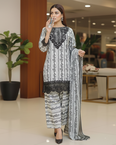 Designer Printed Three Piece | Embroidered - Iqra | Corduroy