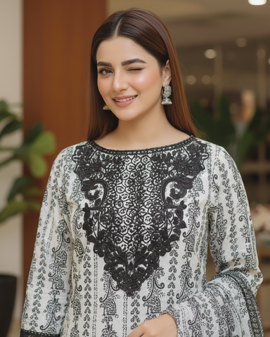 Designer Printed Three Piece | Embroidered - Iqra | Corduroy