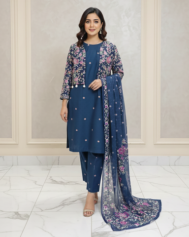 Designer Three Piece | Embroidered - Husnara | Premium Winter Dobby Cotton