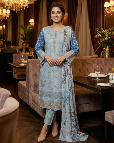 Designer Three Piece | Embroidered - Minahil | Premium Winter Cotton