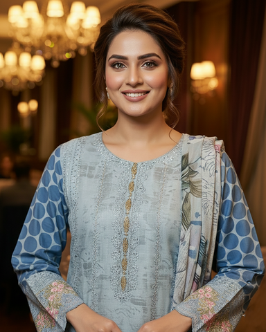 Designer Three Piece | Embroidered - Minahil | Premium Winter Cotton