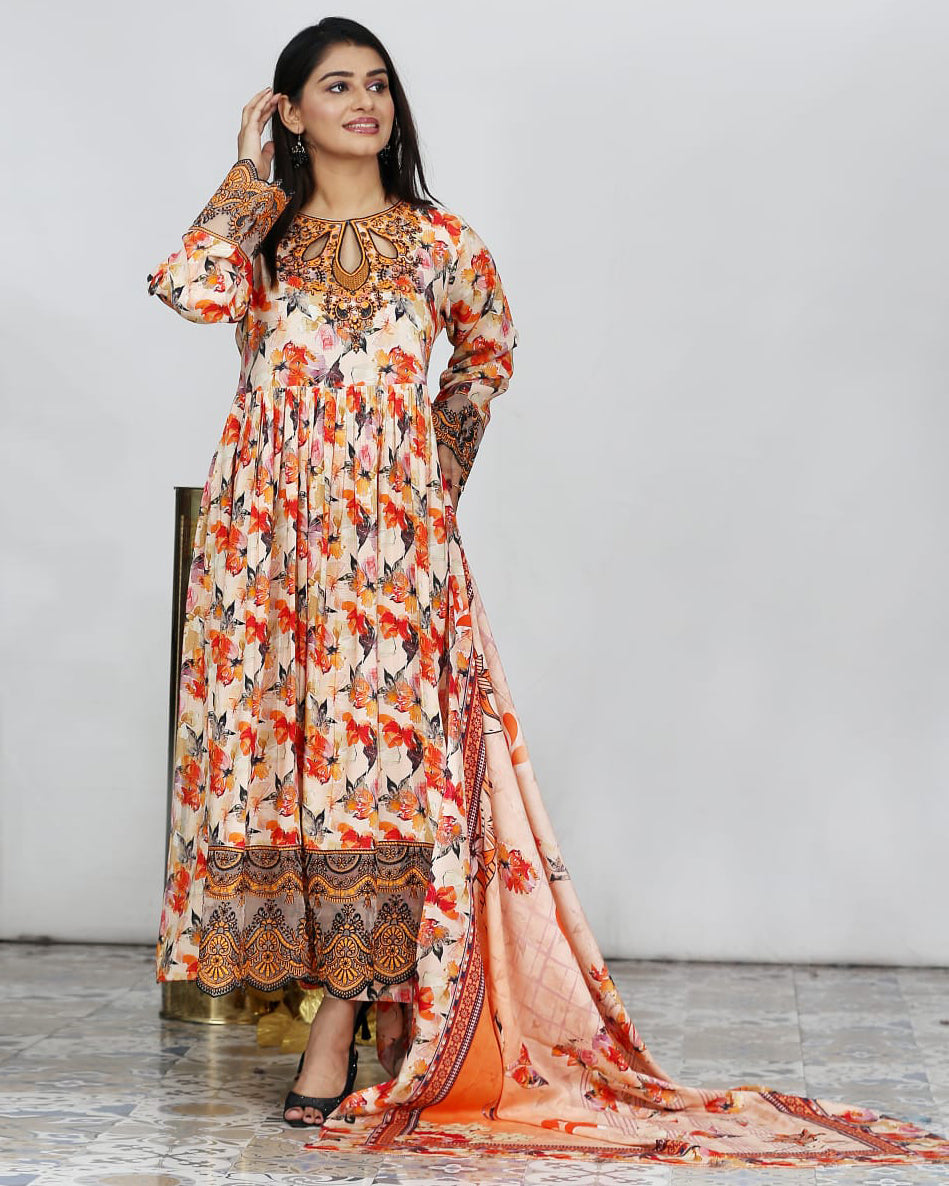 Designer Embroidered Three Piece Maxi/ Frock | Floral Printed | Bana Dora Marina