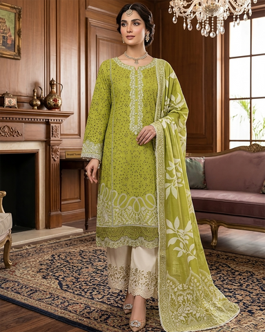 Designer Three Piece | Embroidered-Laaj | Premium Lawn Cotton