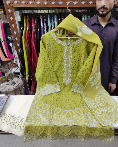 Designer Three Piece | Embroidered-Laaj | Premium Lawn Cotton