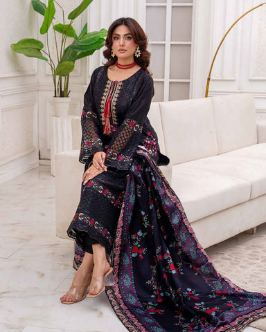 Designer Three Piece | Embroidered - Sadaf | Luxury Dhanak