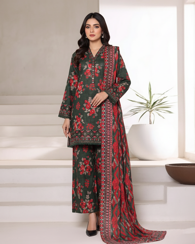 Embroidered Three Piece | Designer Printed - Malika | Winter Khaddar