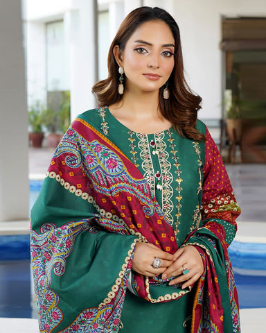 Embroidered Three Piece | Khushbu Printed Series | Luxury Winter Cotton