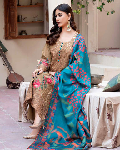 Designer Three Piece | Embroidered - Ashi | Luxury Khaddar