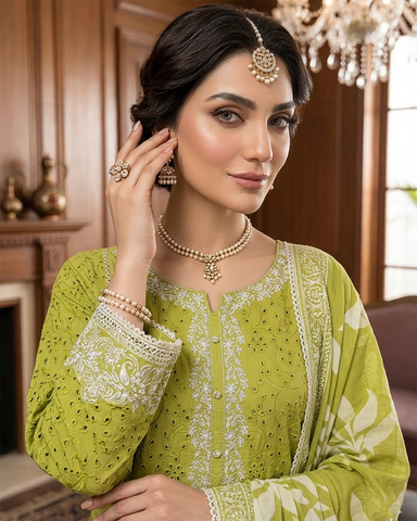Designer Three Piece | Embroidered-Laaj | Premium Lawn Cotton