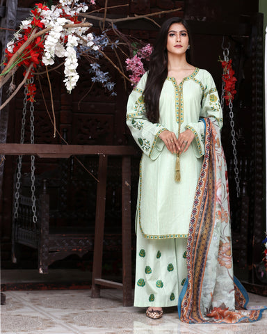 Designer Three Piece | Round Ghera | Embroidered