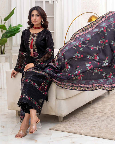 Designer Three Piece | Embroidered - Sadaf | Luxury Dhanak