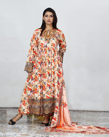 Designer Embroidered Three Piece Maxi/ Frock | Floral Printed | Bana Dora Marina