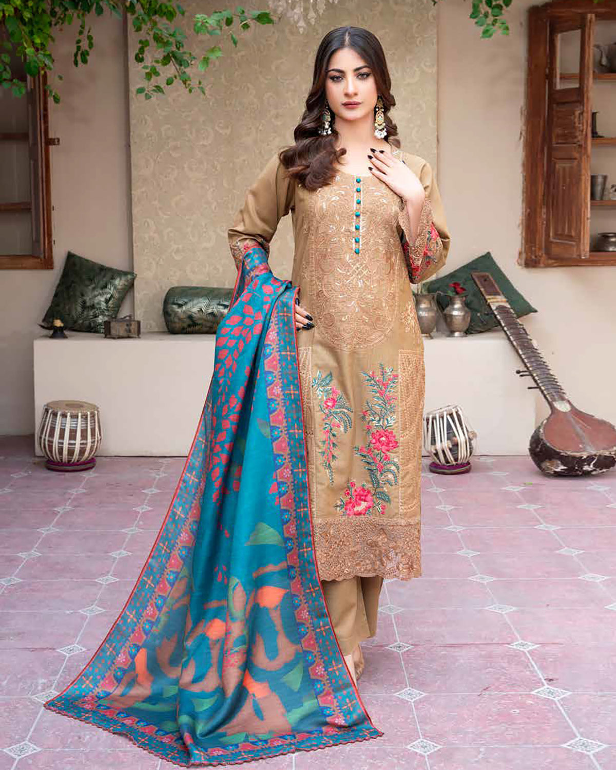 Designer Three Piece | Embroidered - Ashi | Luxury Khaddar