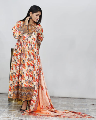 Designer Embroidered Three Piece Maxi/ Frock | Floral Printed | Bana Dora Marina