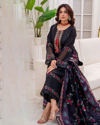 Designer Three Piece | Embroidered - Sadaf | Luxury Dhanak