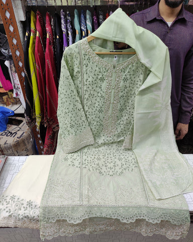 Designer Three Piece | Embroidered-Laaj | Premium Lawn Cotton