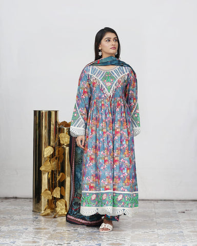 Designer Embroidered Three Piece Maxi/ Frock | Floral Printed | Bana Dora Marina