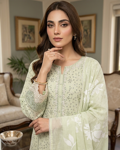 Designer Three Piece | Embroidered-Laaj | Premium Lawn Cotton