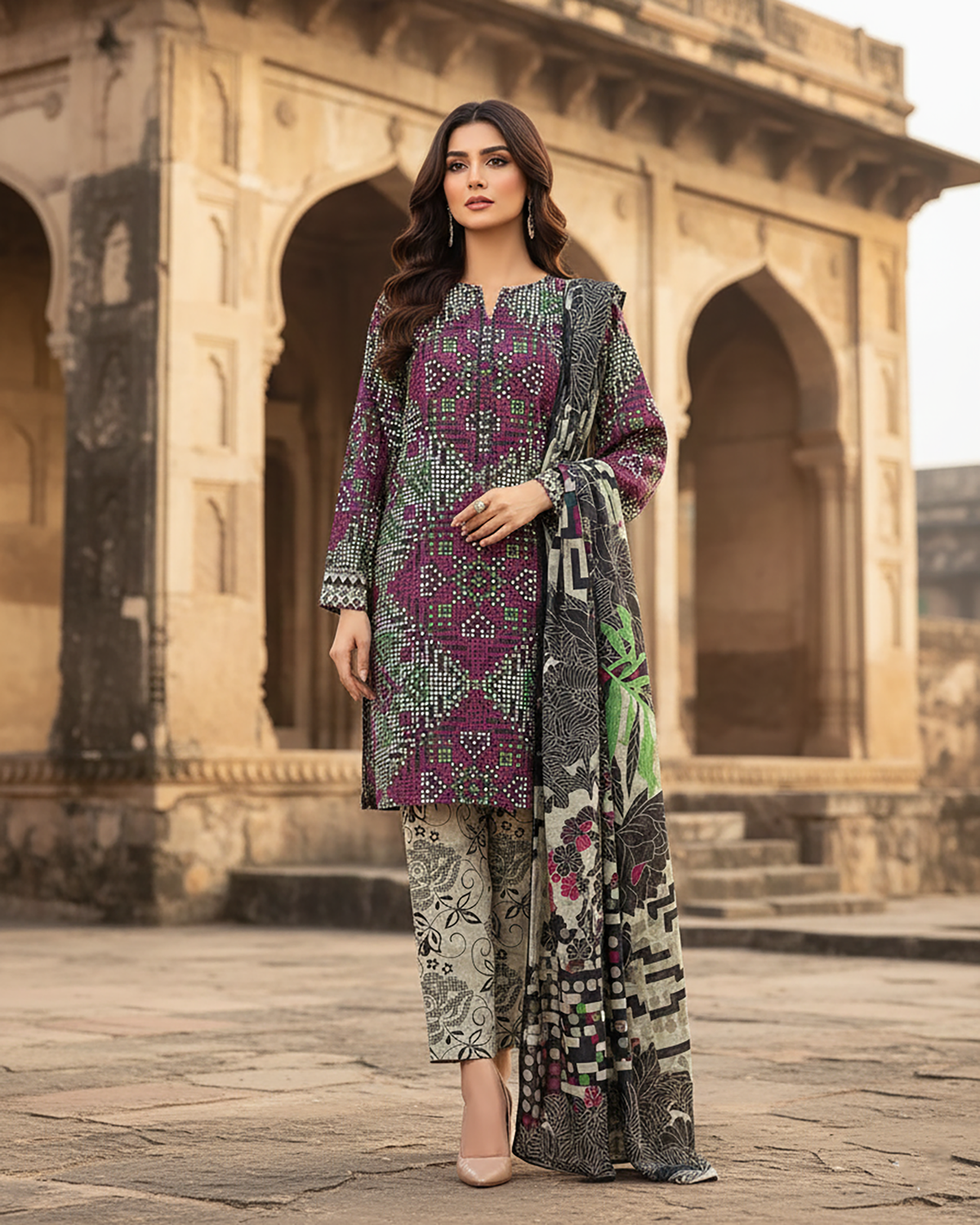 Digital Printed Three Piece | Designer "Hamna" | Soft Khaddar