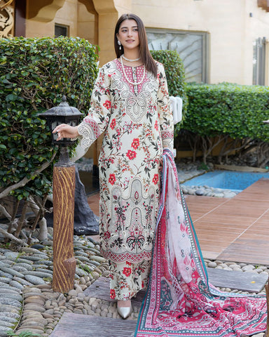 Designer Three Pieces | Embroidered-Mahay | Premium Printed Lawn