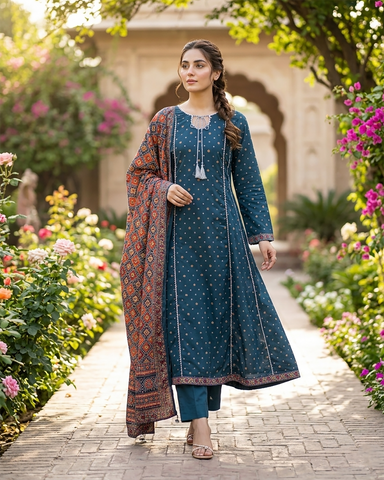 Printed Three Piece | Desginer Long Frock - Areej Casual | Premium Lawn
