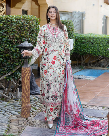 Designer Three Pieces | Embroidered-Mahay | Premium Printed Lawn