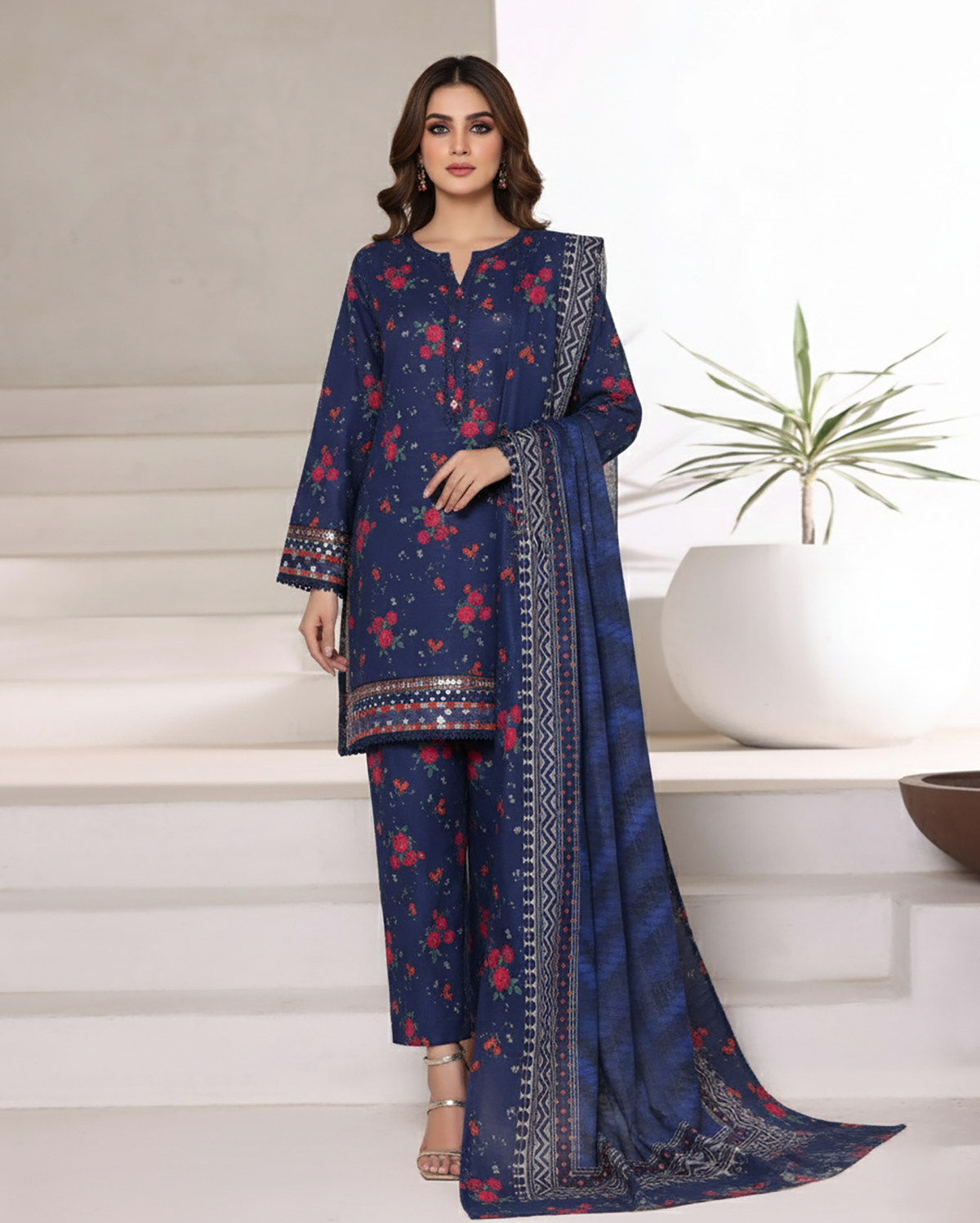 Embroidered Three Piece | Designer Printed - Malika | Winter Khaddar