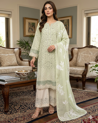 Designer Three Piece | Embroidered-Laaj | Premium Lawn Cotton