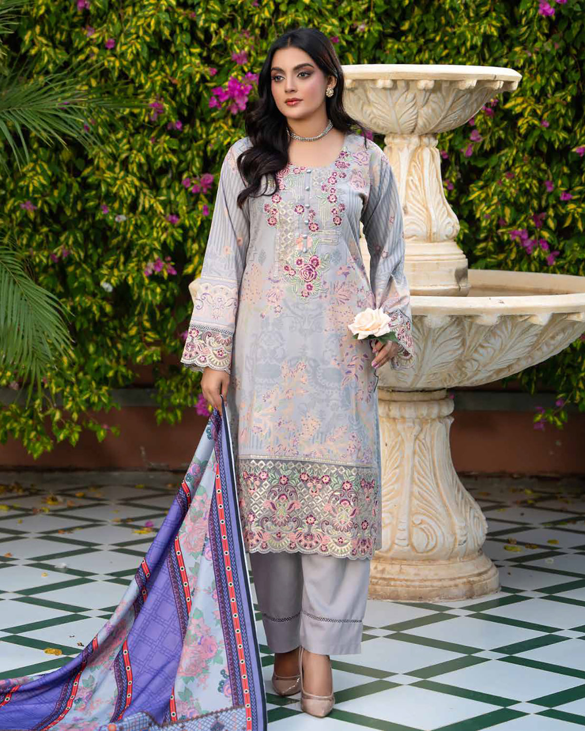 Designer Three Piece | Embroidered - Zouq 2 | Luxury Dhanak