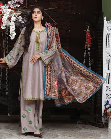 Designer Three Piece | Round Ghera | Embroidered