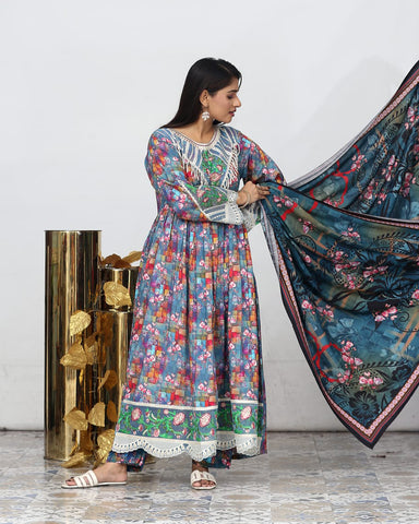 Designer Embroidered Three Piece Maxi/ Frock | Floral Printed | Bana Dora Marina