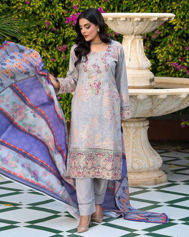 Designer Three Piece | Embroidered - Zouq 2 | Luxury Dhanak