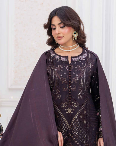 Designer Three Piece | Embroidered - Sadaf | Luxury Dhanak