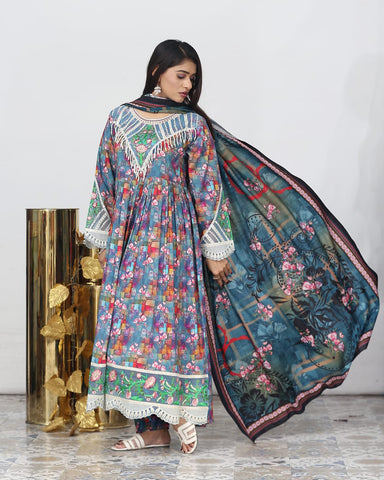 Designer Embroidered Three Piece Maxi/ Frock | Floral Printed | Bana Dora Marina