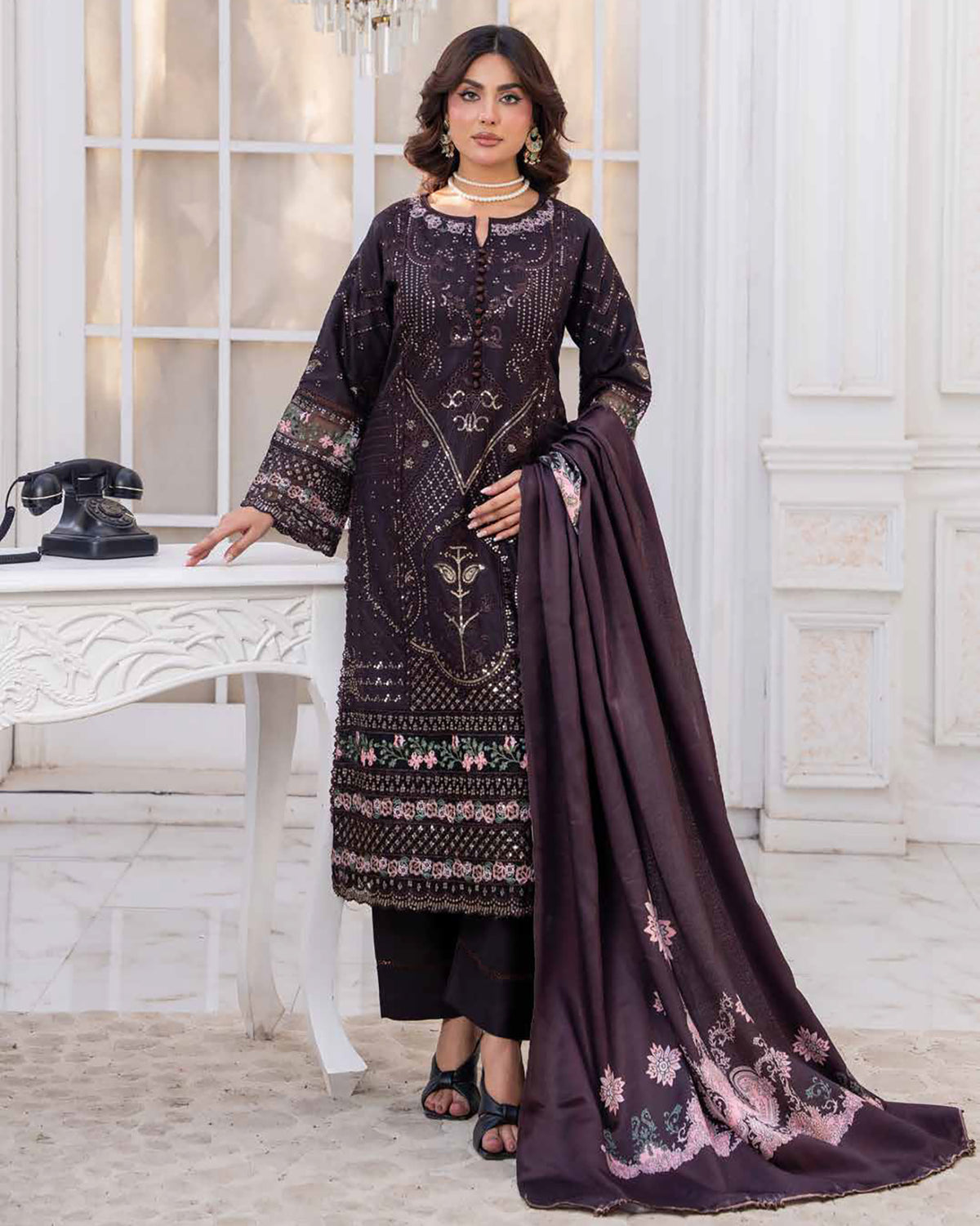 Designer Three Piece | Embroidered - Sadaf | Luxury Dhanak