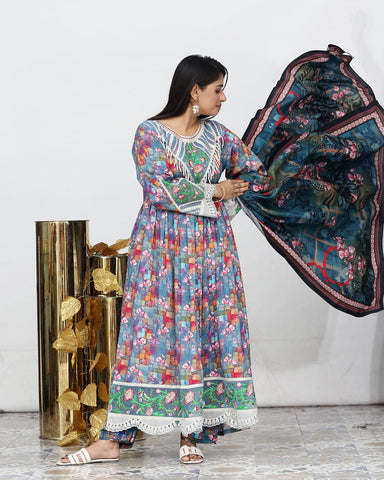 Designer Embroidered Three Piece Maxi/ Frock | Floral Printed | Bana Dora Marina