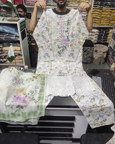 Designer Three Piece | Embroidered - Printicious-I | Cambric Cotton