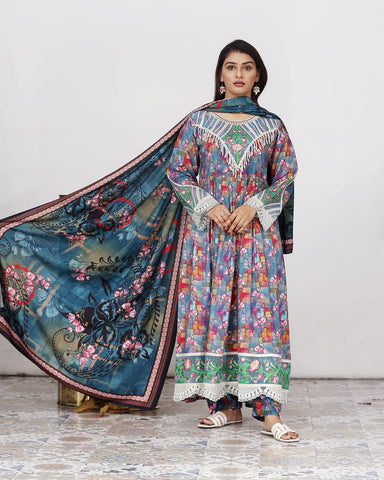 Designer Embroidered Three Piece Maxi/ Frock | Floral Printed | Bana Dora Marina