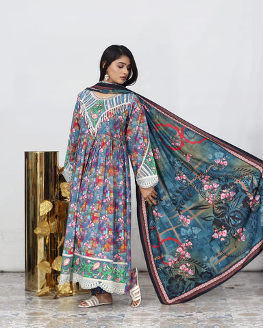 Designer Embroidered Three Piece Maxi/ Frock | Floral Printed | Bana Dora Marina