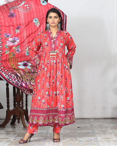 Designer Embroidered Three Piece Maxi/ Frock | Floral Printed | Bana Dora Marina