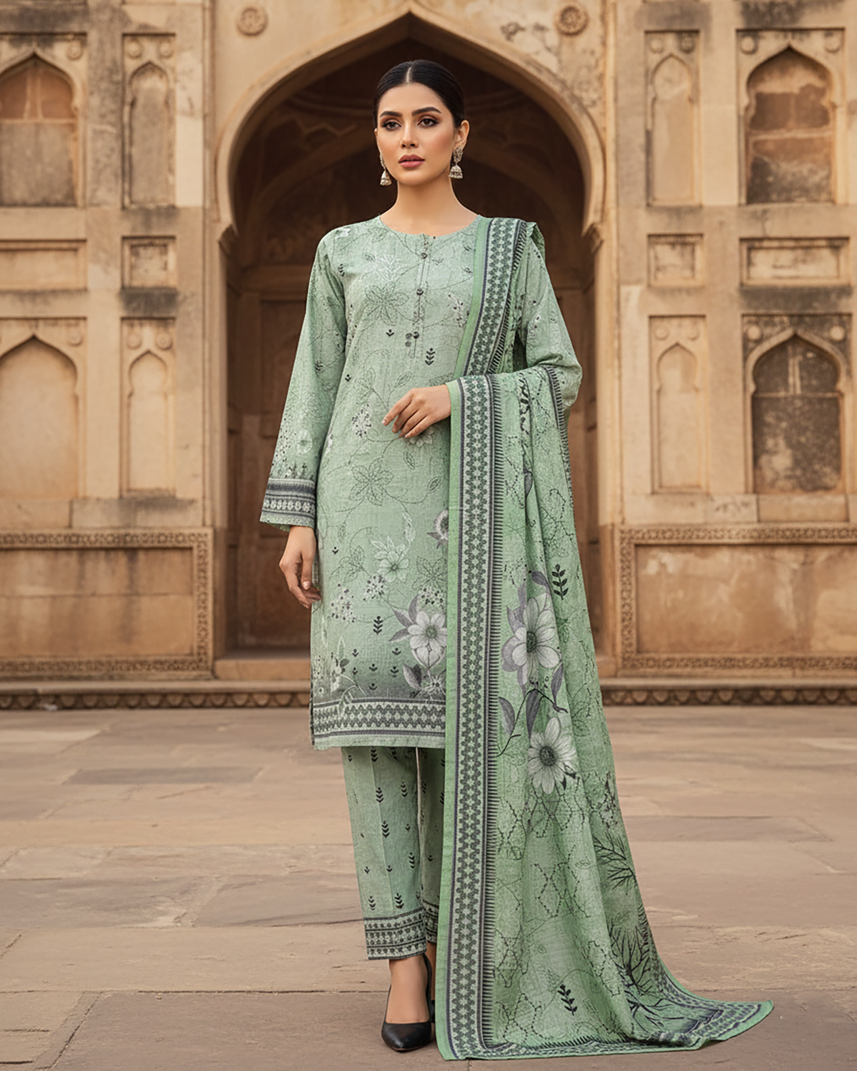 Digital Printed Three Piece | Designer "Hamna" | Soft Khaddar