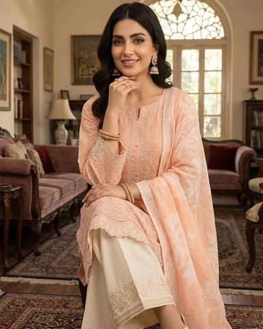 Designer Three Piece | Embroidered-Laaj | Premium Lawn Cotton