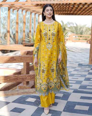 Designer Three Pieces | Embroidered-Mahay | Premium Printed Lawn