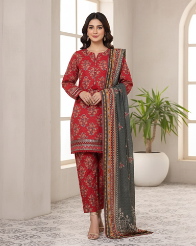 Embroidered Three Piece | Designer Printed - Malika | Winter Khaddar