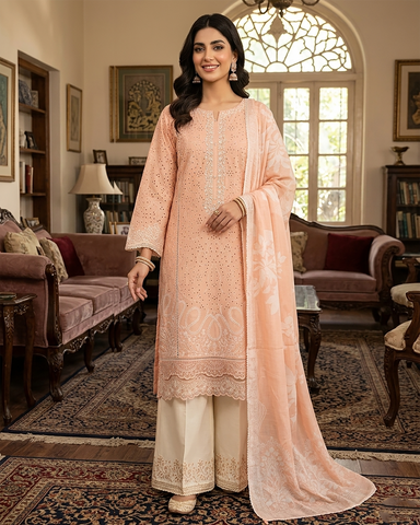 Designer Three Piece | Embroidered-Laaj | Premium Lawn Cotton