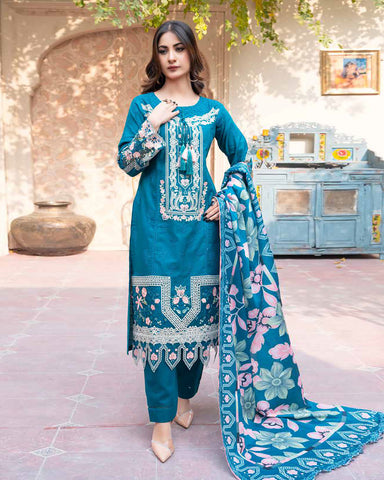 Designer Three Piece | Embroidered - Ashi | Luxury Khaddar