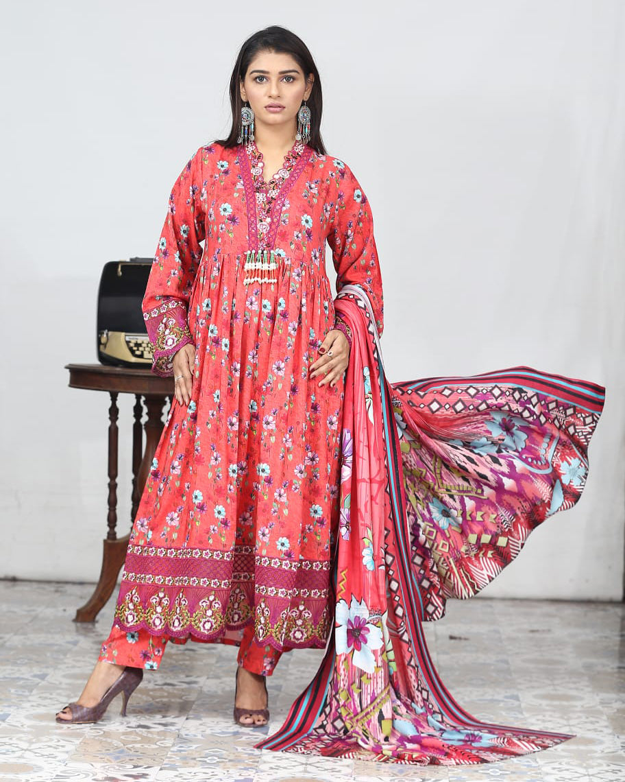 Designer Embroidered Three Piece Maxi/ Frock | Floral Printed | Bana Dora Marina