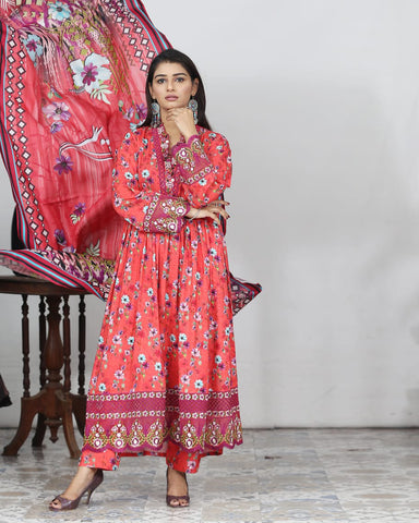 Designer Embroidered Three Piece Maxi/ Frock | Floral Printed | Bana Dora Marina