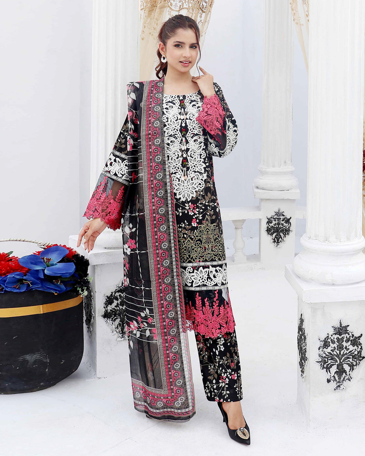 Designer Three Pieces | Embroidered Printed - RungRaiza | Winter Cambric Cotton