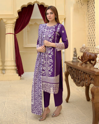 Designer Three Piece | Rangni Embroidered Series | Self Winter Cotton